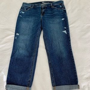 Old Navy Mid-Rise Dark-Wash Distressed Boyfriend Jeans for Women.  Size 12